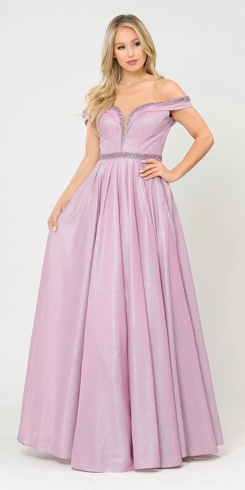 Poly USA 8664 Glitter Knit Off-Shoulder Long Dress with Pockets