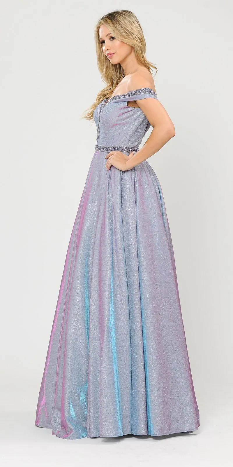 Poly USA 8664 Glitter Knit Off-Shoulder Long Dress with Pockets