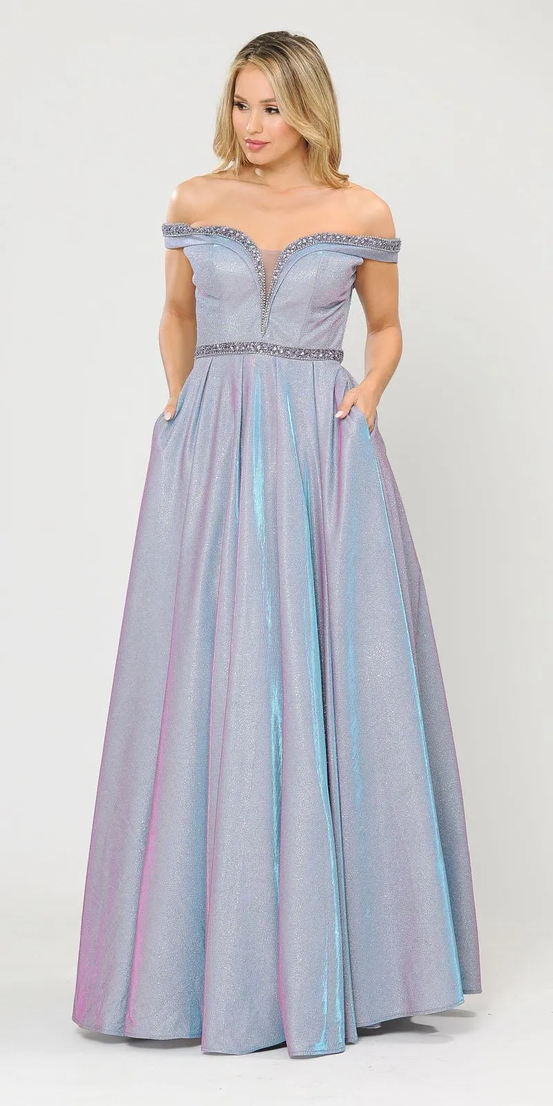 Poly USA 8664 Glitter Knit Off-Shoulder Long Dress with Pockets