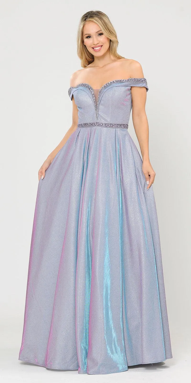 Poly USA 8664 Glitter Knit Off-Shoulder Long Dress with Pockets