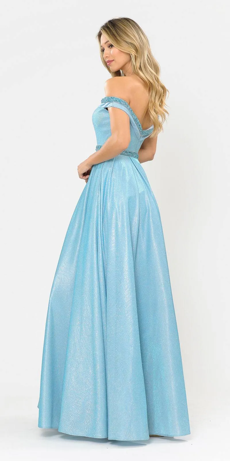 Poly USA 8664 Glitter Knit Off-Shoulder Long Dress with Pockets