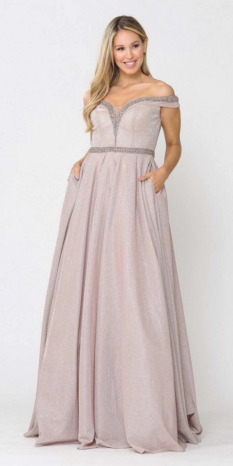 Poly USA 8664 Glitter Knit Off-Shoulder Long Dress with Pockets