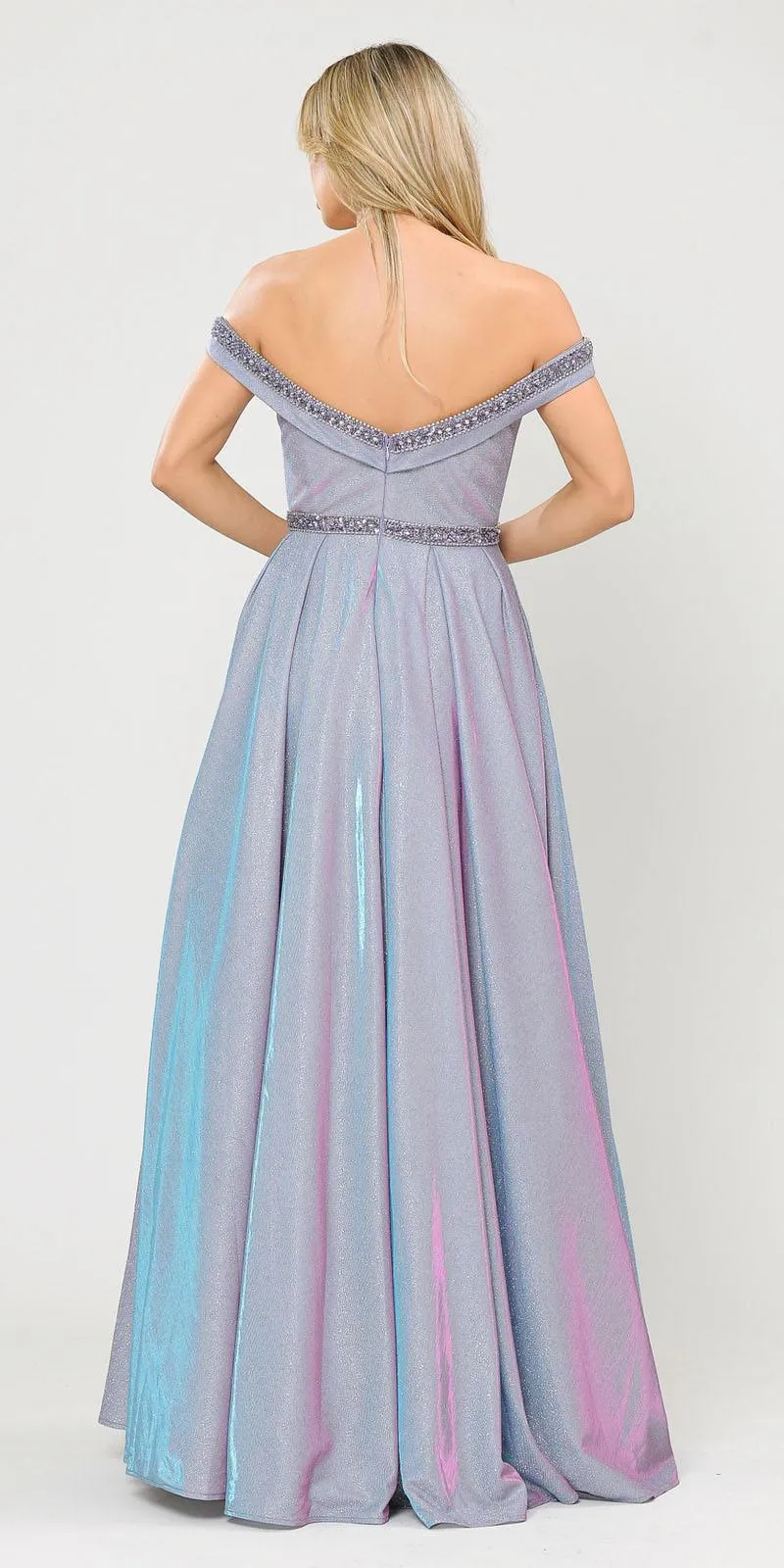 Poly USA 8664 Glitter Knit Off-Shoulder Long Dress with Pockets