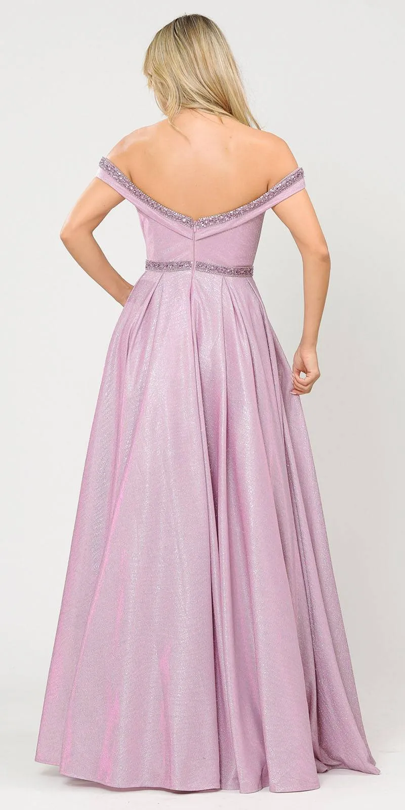 Poly USA 8664 Glitter Knit Off-Shoulder Long Dress with Pockets