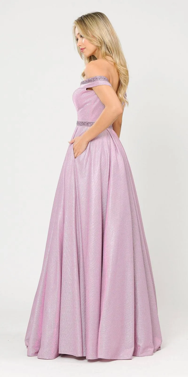 Poly USA 8664 Glitter Knit Off-Shoulder Long Dress with Pockets