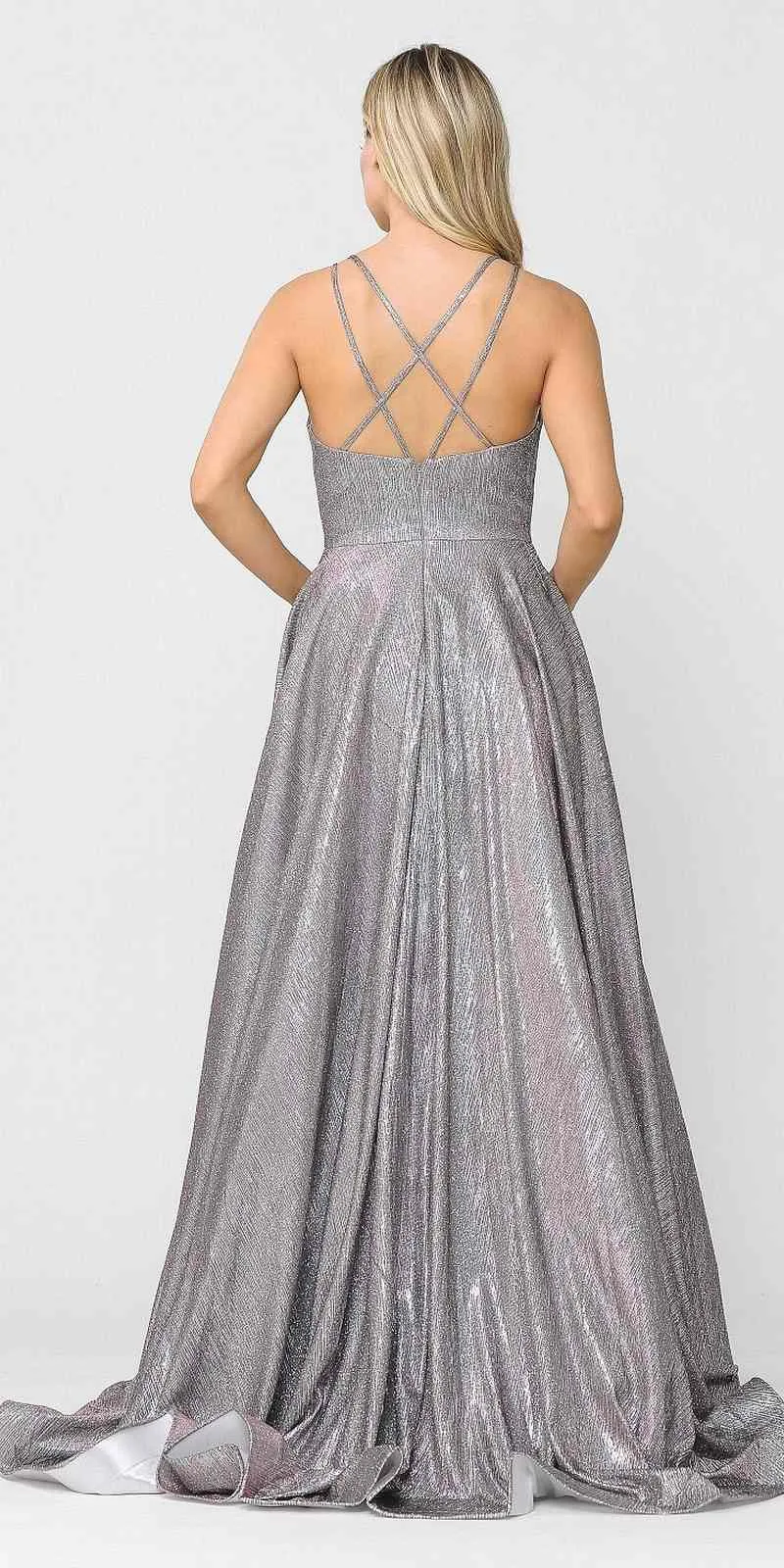 Poly USA 8716 Foiled Glitter Knit Long Dress with Pockets