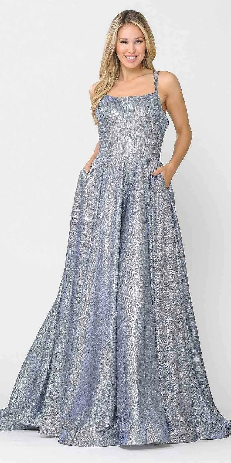 Poly USA 8716 Foiled Glitter Knit Long Dress with Pockets