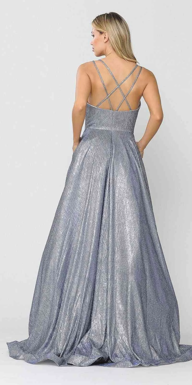 Poly USA 8716 Foiled Glitter Knit Long Dress with Pockets
