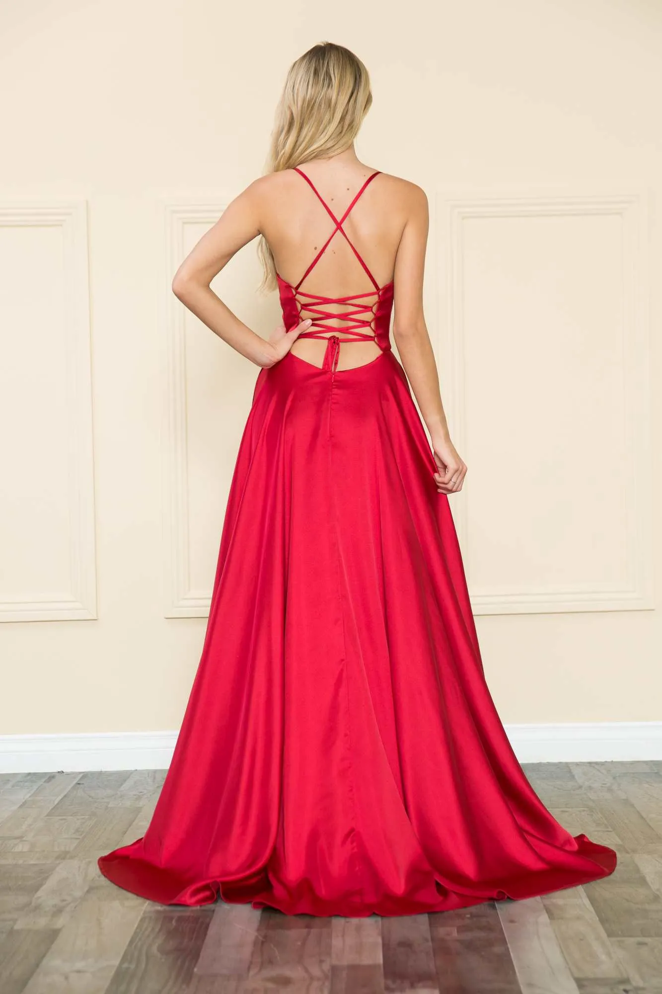 Poly USA 8910 Square Neck Spaghetti X-Cross Open Back Slit Dress