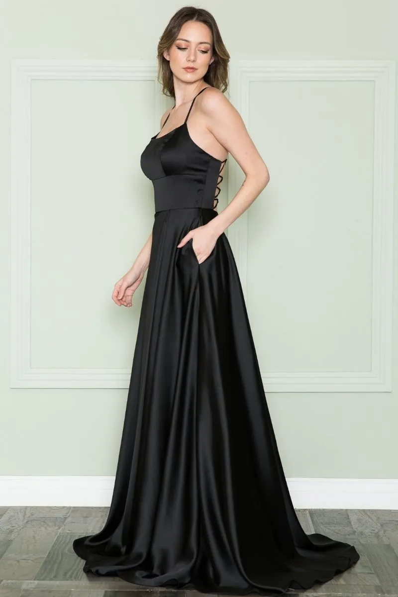 Poly USA 8910 Square Neck Spaghetti X-Cross Open Back Slit Dress