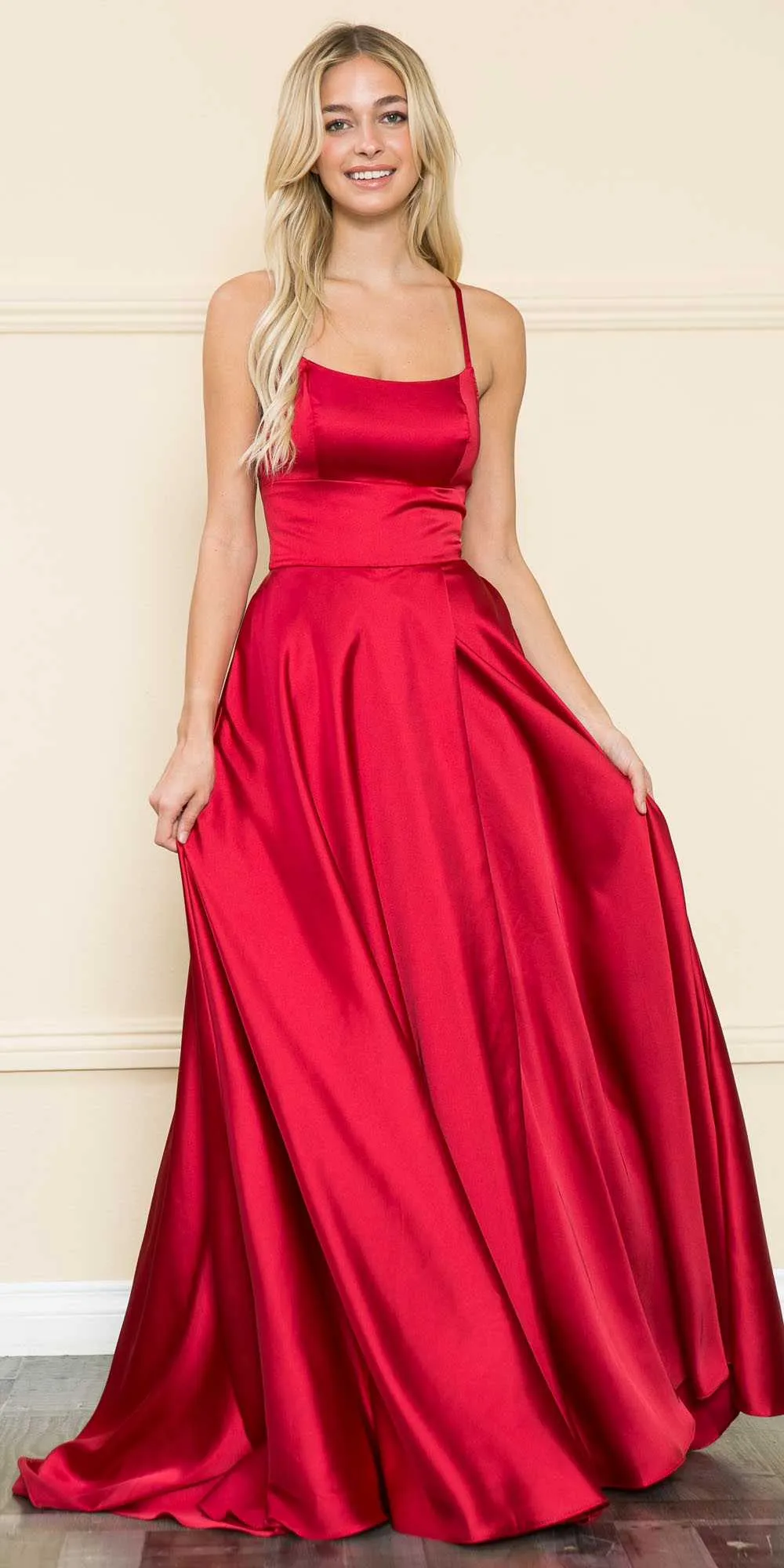 Poly USA 8910 Square Neck Spaghetti X-Cross Open Back Slit Dress