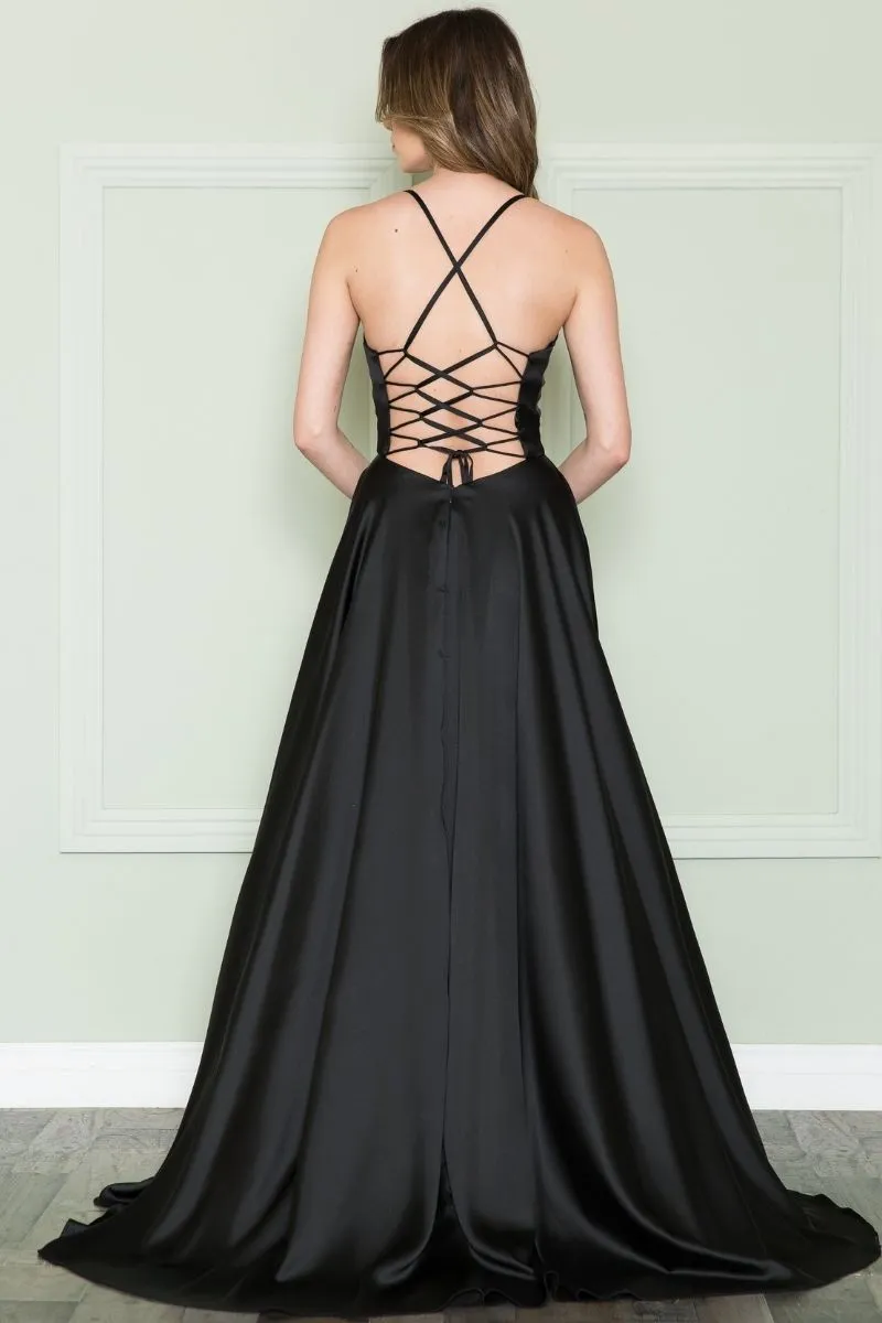 Poly USA 8910 Square Neck Spaghetti X-Cross Open Back Slit Dress