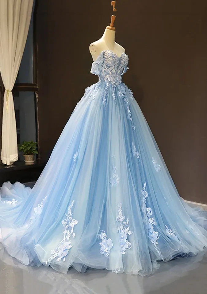 Princess Ball Gown Off-the-Shoulder Sweetheart Sweep Train Tulle Prom Dress, Lace