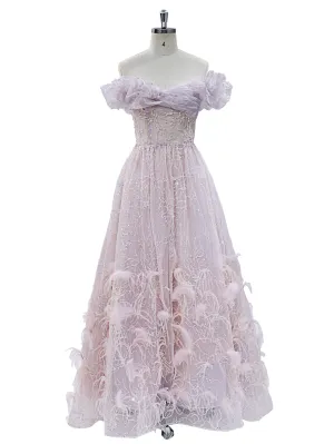 Princess Beads Prom Dresses A-Line Tulle Off Shoulder Floor-Length Party Dress #3358