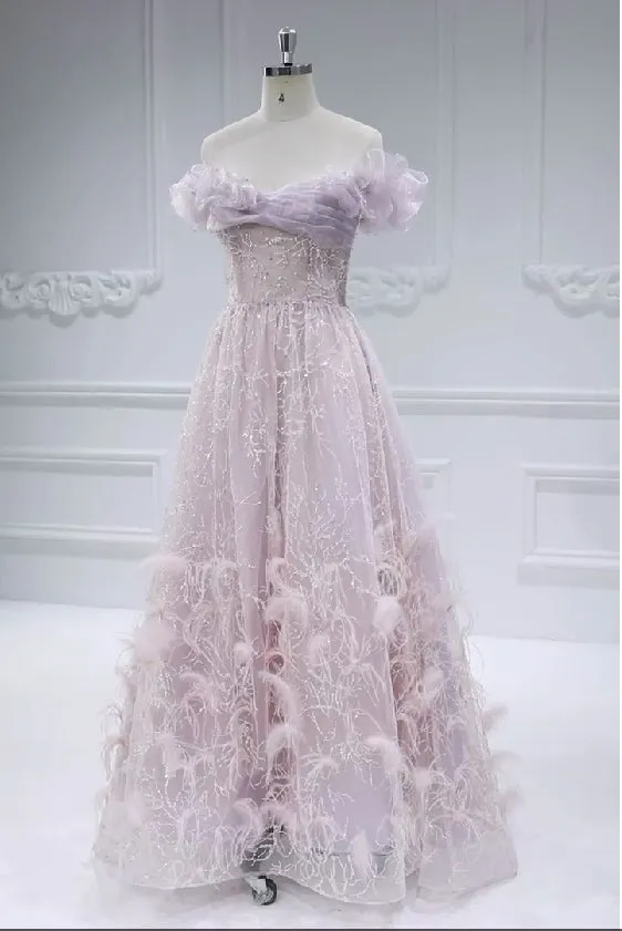 Princess Beads Prom Dresses A-Line Tulle Off Shoulder Floor-Length Party Dress #3358