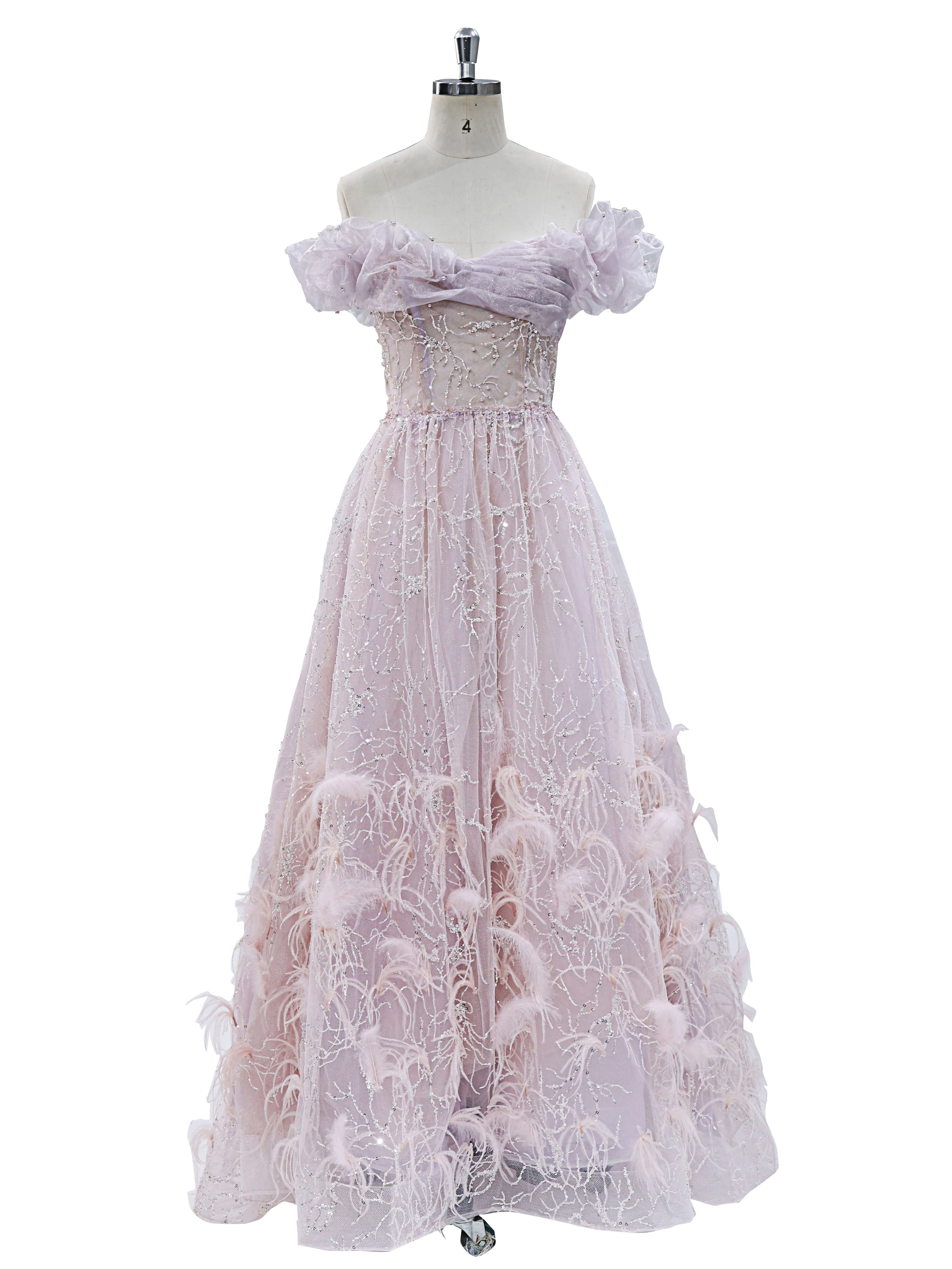 Princess Beads Prom Dresses A-Line Tulle Off Shoulder Floor-Length Party Dress #3358