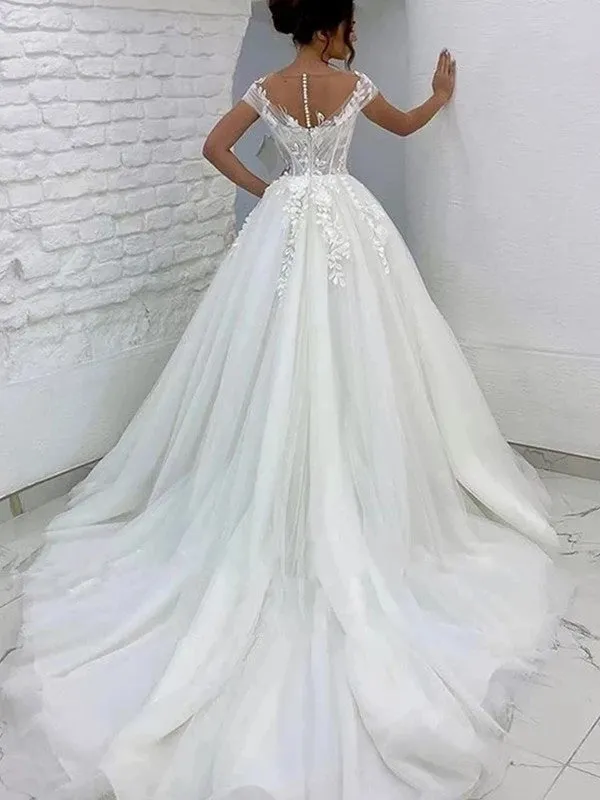 Princess Ivory Tulle Illusion Scoop Floor Length Court Wedding Dress, Lace