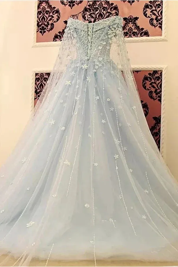 Princess Sparkly Blue A-Line Off-the-Shoulder Lace Wedding Dress Modest Unique Fairy Tied Back Bridal Gown with 3D Floral Appliques