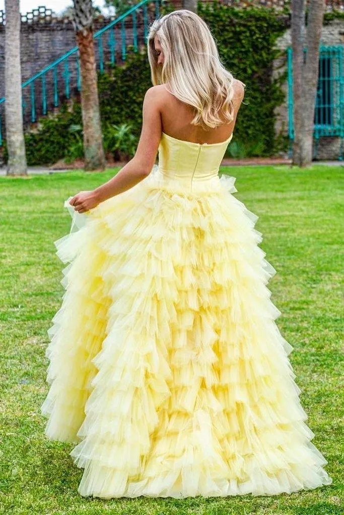 Princess Strapless Tiered Floor Length Yellow Ball Gown Prom Dress TP0864
