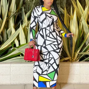 Print Long Sleeve Crew Neck Maxi Dress