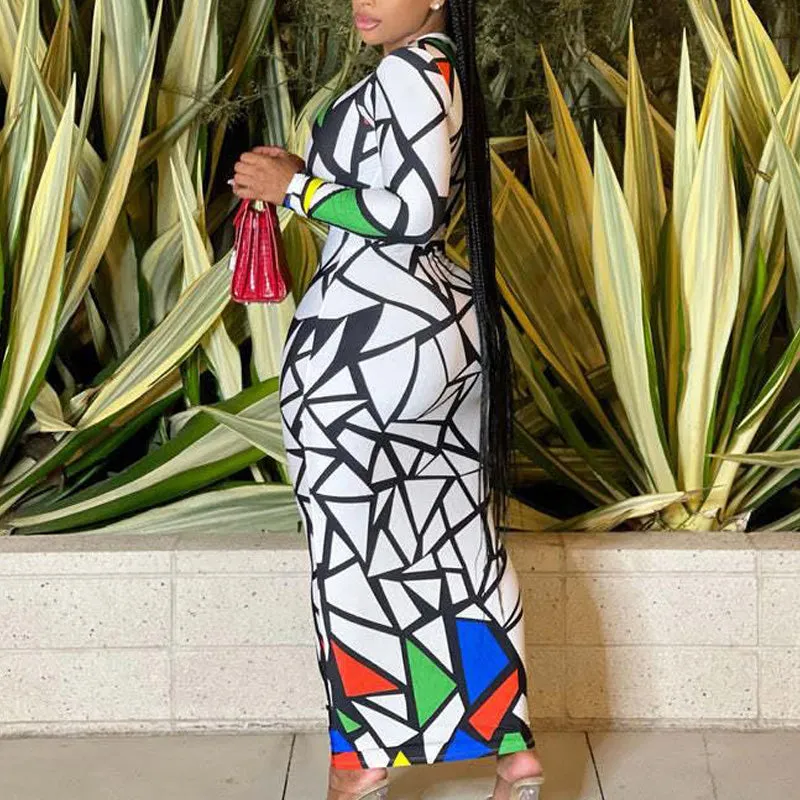 Print Long Sleeve Crew Neck Maxi Dress