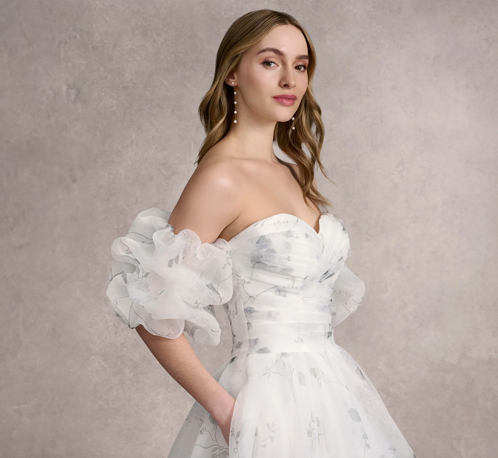 Printed Strapless Organza Ball Gown With Removable Puff Sleeves In Ivory/Ivory/Multi In Ivory Ivory Multi
