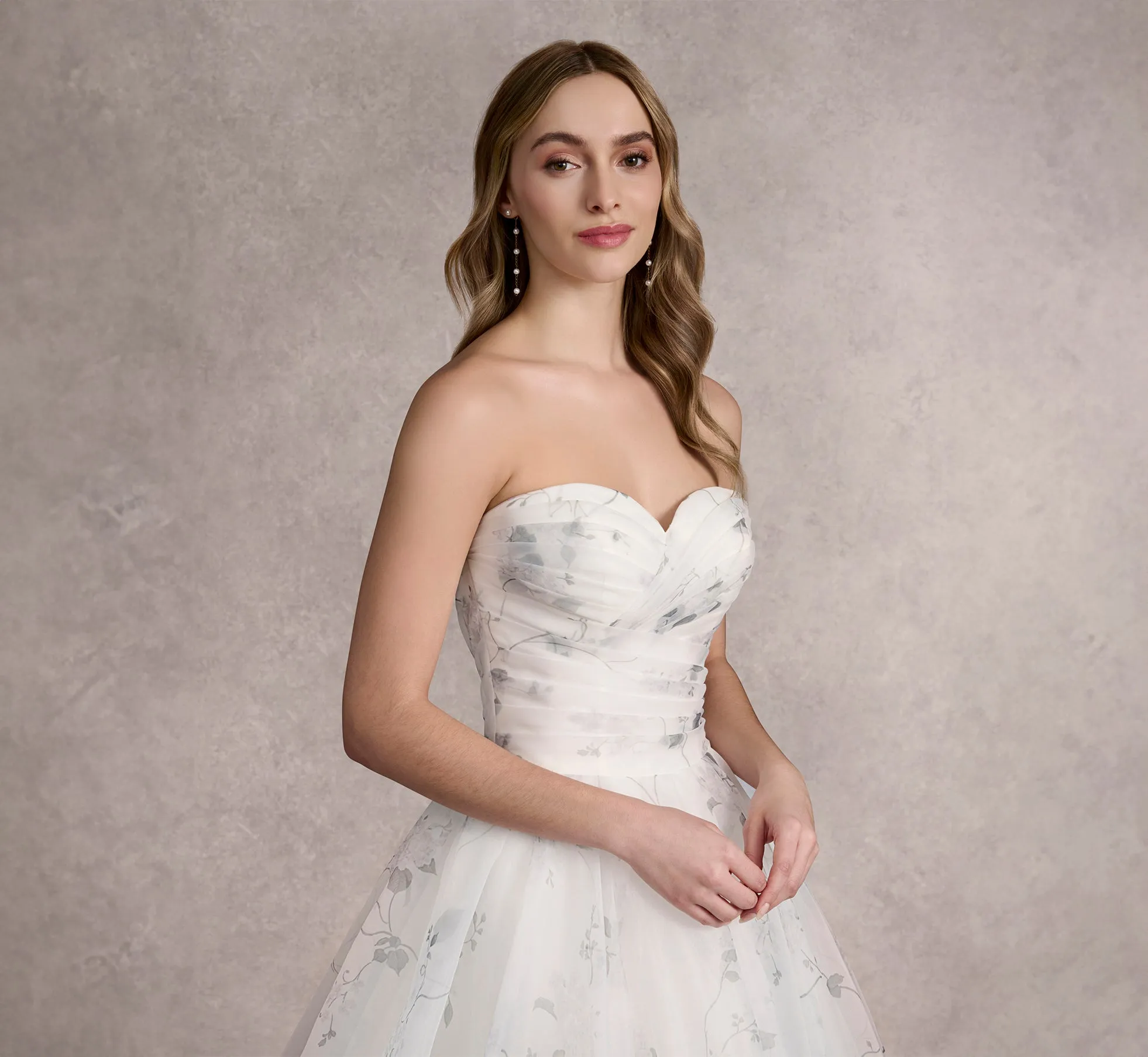 Printed Strapless Organza Ball Gown With Removable Puff Sleeves In Ivory/Ivory/Multi In Ivory Ivory Multi