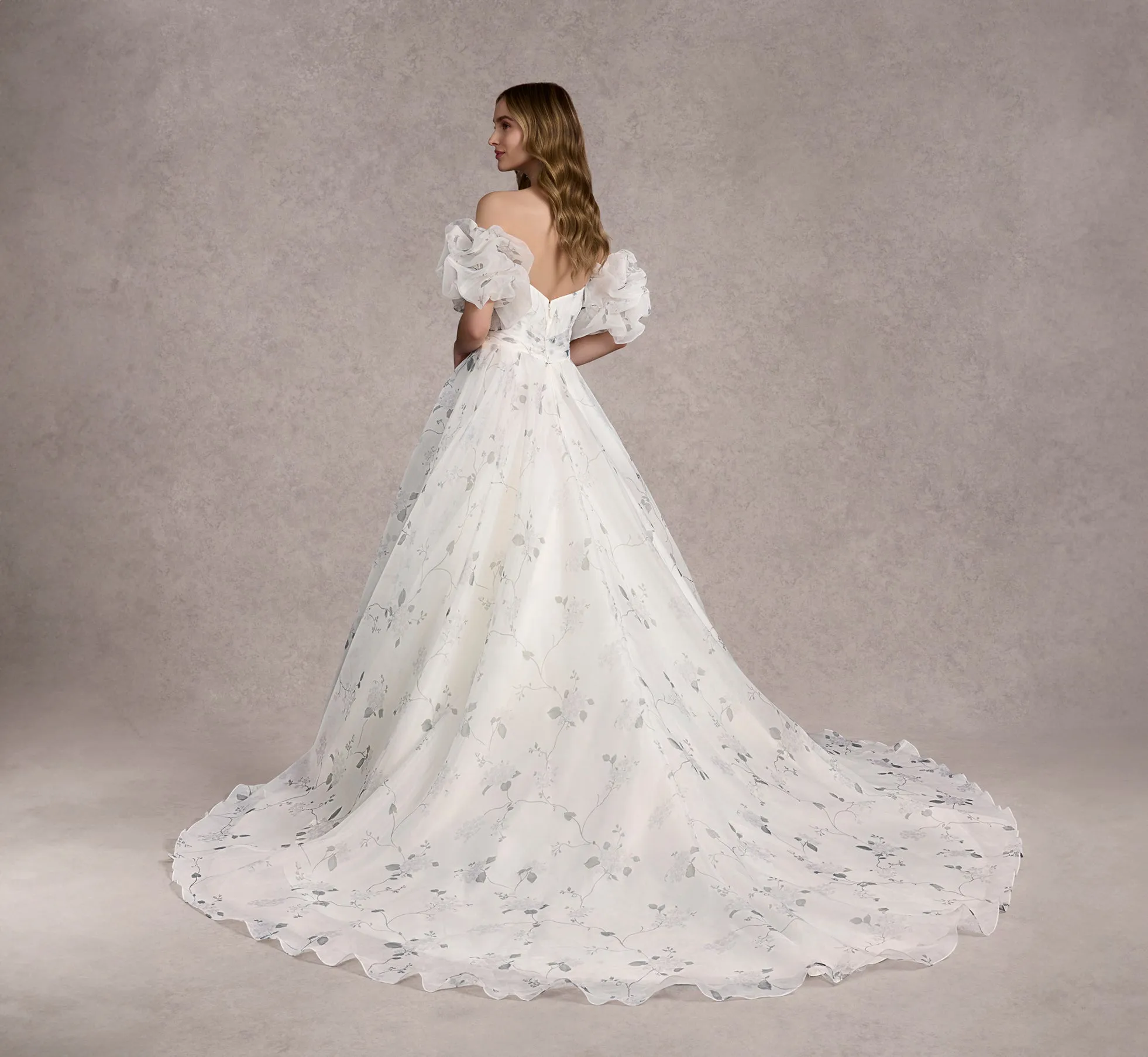 Printed Strapless Organza Ball Gown With Removable Puff Sleeves In Ivory/Ivory/Multi In Ivory Ivory Multi