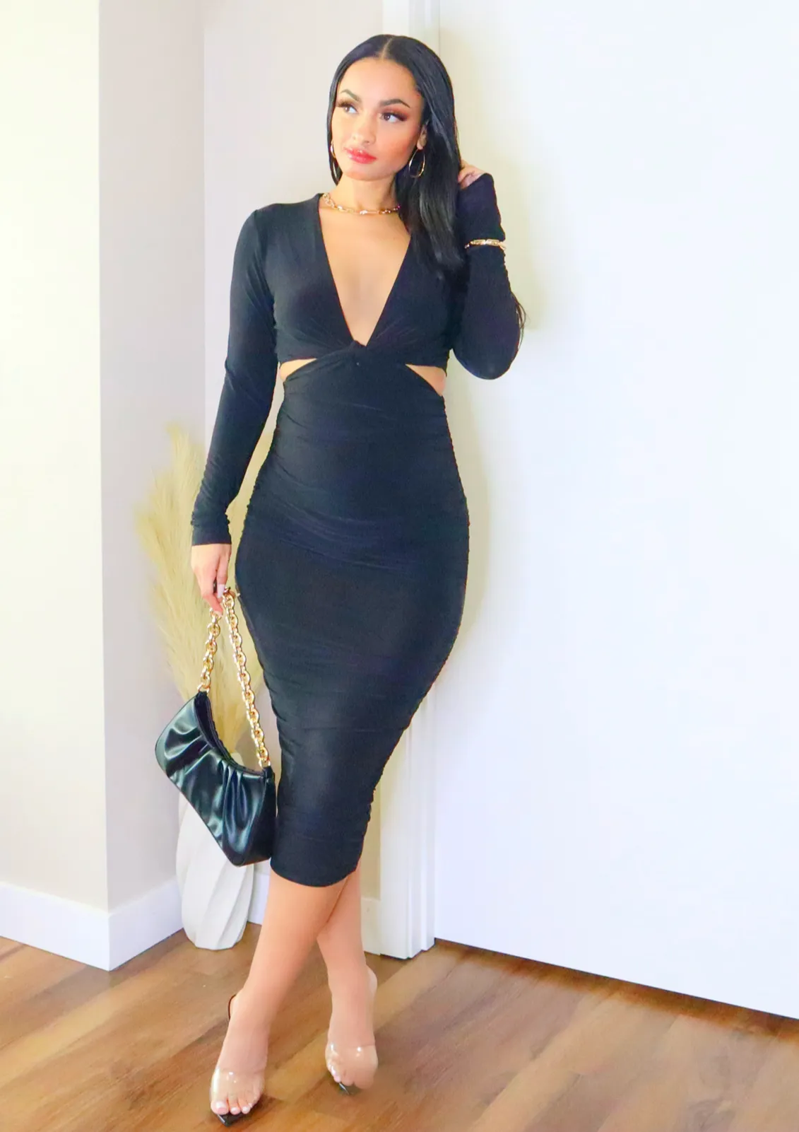 Priscila Long Sleeve Cut-Out Midi Dress