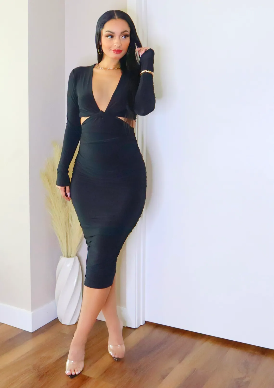 Priscila Long Sleeve Cut-Out Midi Dress