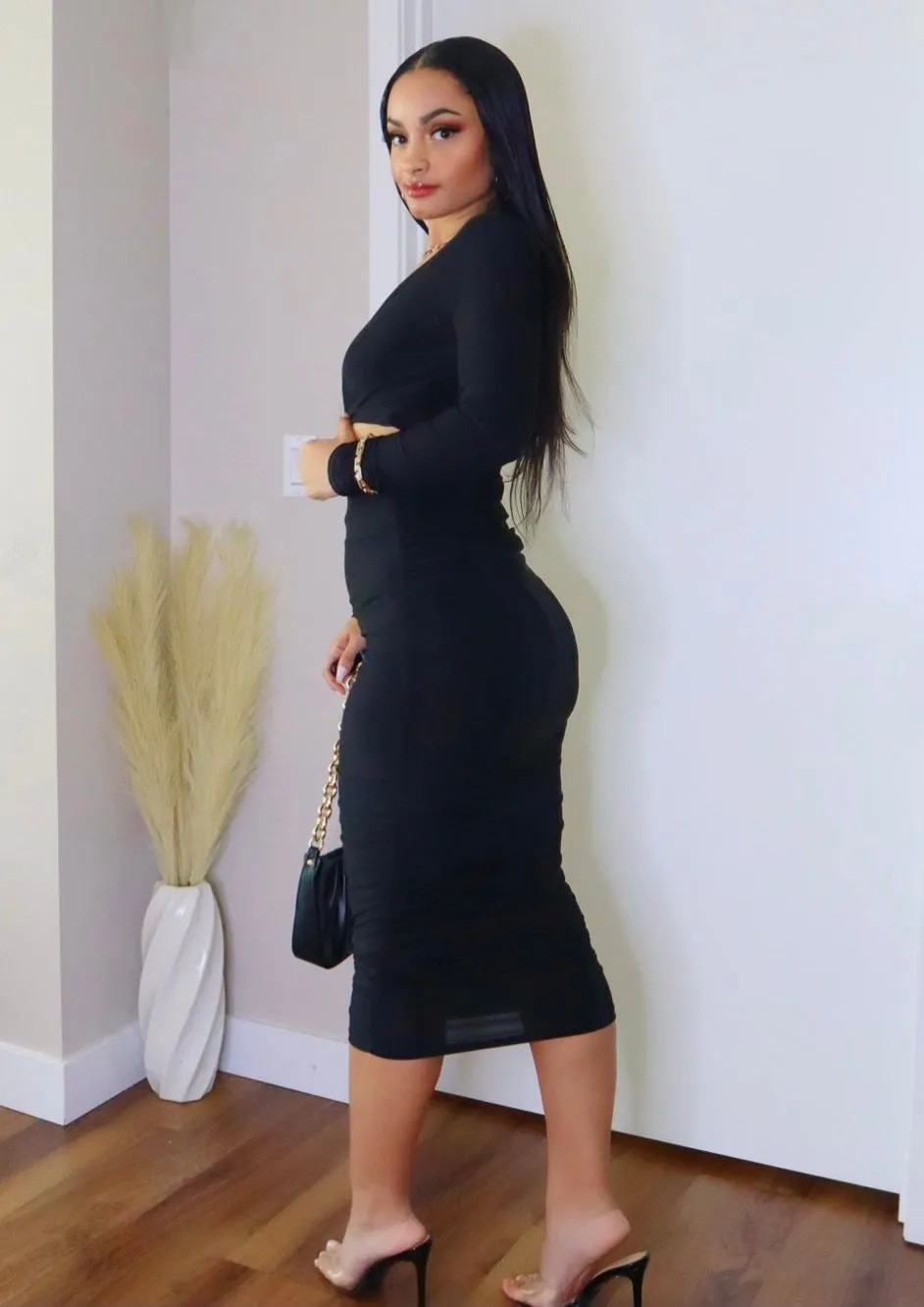 Priscila Long Sleeve Cut-Out Midi Dress