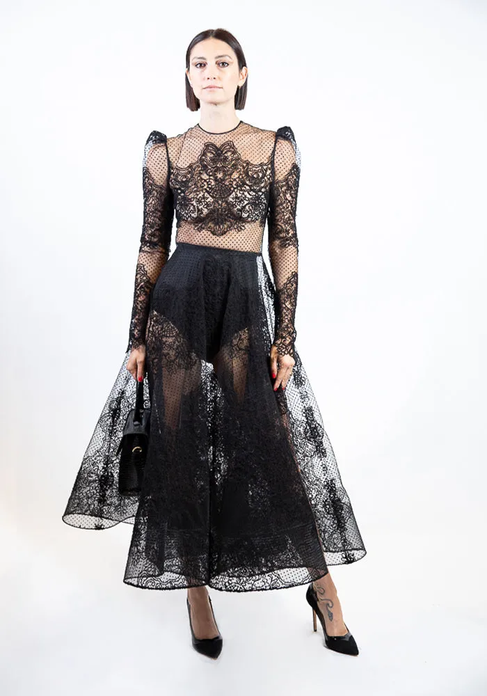 Puff Sleeved Swiss Dot and Lace Tea Length Dress