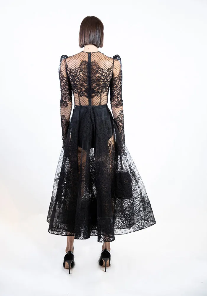 Puff Sleeved Swiss Dot and Lace Tea Length Dress