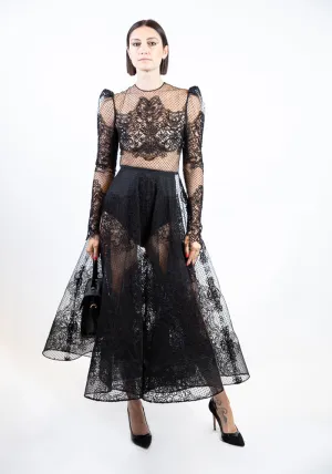 Puff Sleeved Swiss Dot and Lace Tea Length Dress