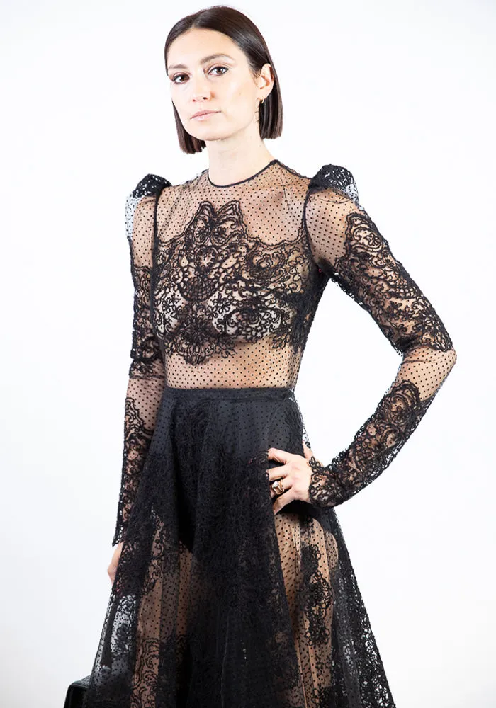 Puff Sleeved Swiss Dot and Lace Tea Length Dress