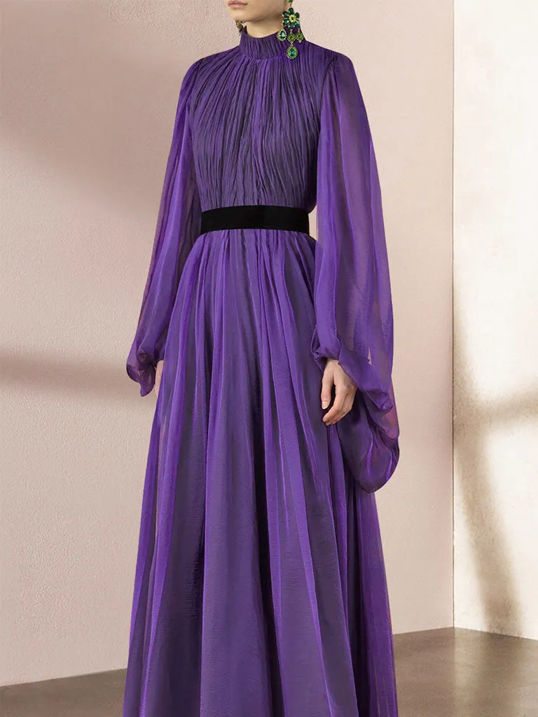 Purple Lantern Long Sleeve Romantic Chiffon Dress