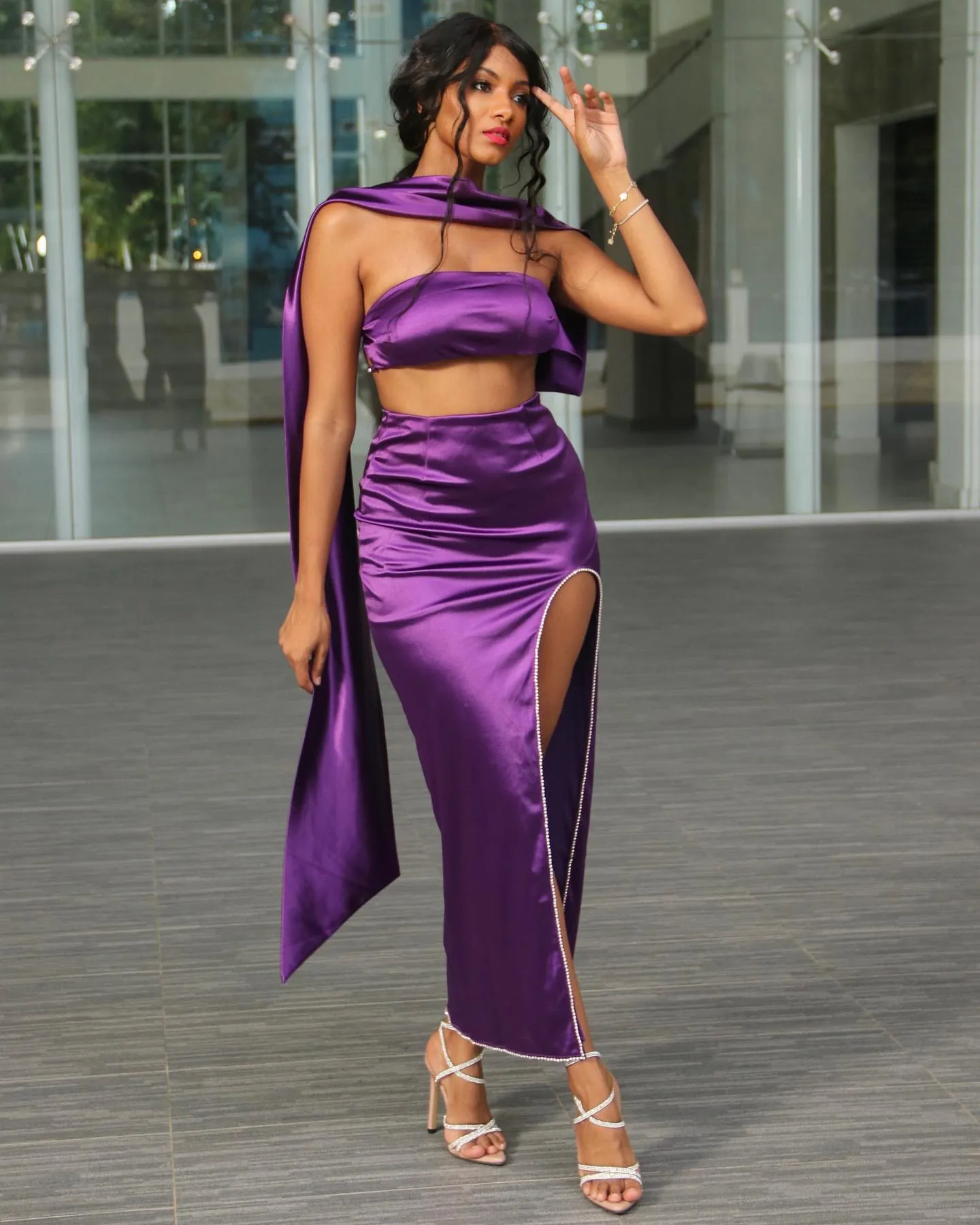 Purple Satin Strapless Sash Gown