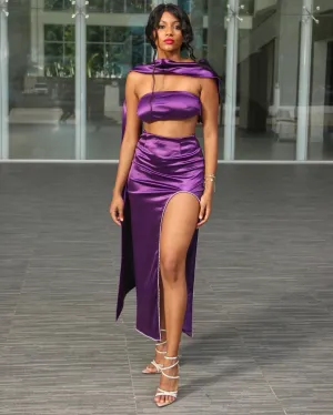 Purple Satin Strapless Sash Gown