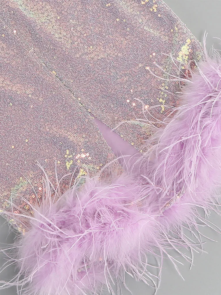 Purple Sweet Feather Hem Sequin Strapless Bodycon Sexy Gown Party Dress