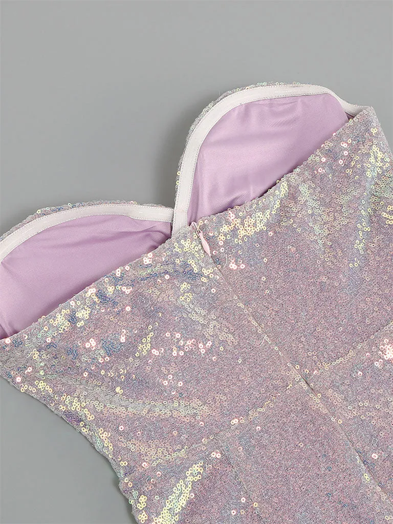 Purple Sweet Feather Hem Sequin Strapless Bodycon Sexy Gown Party Dress