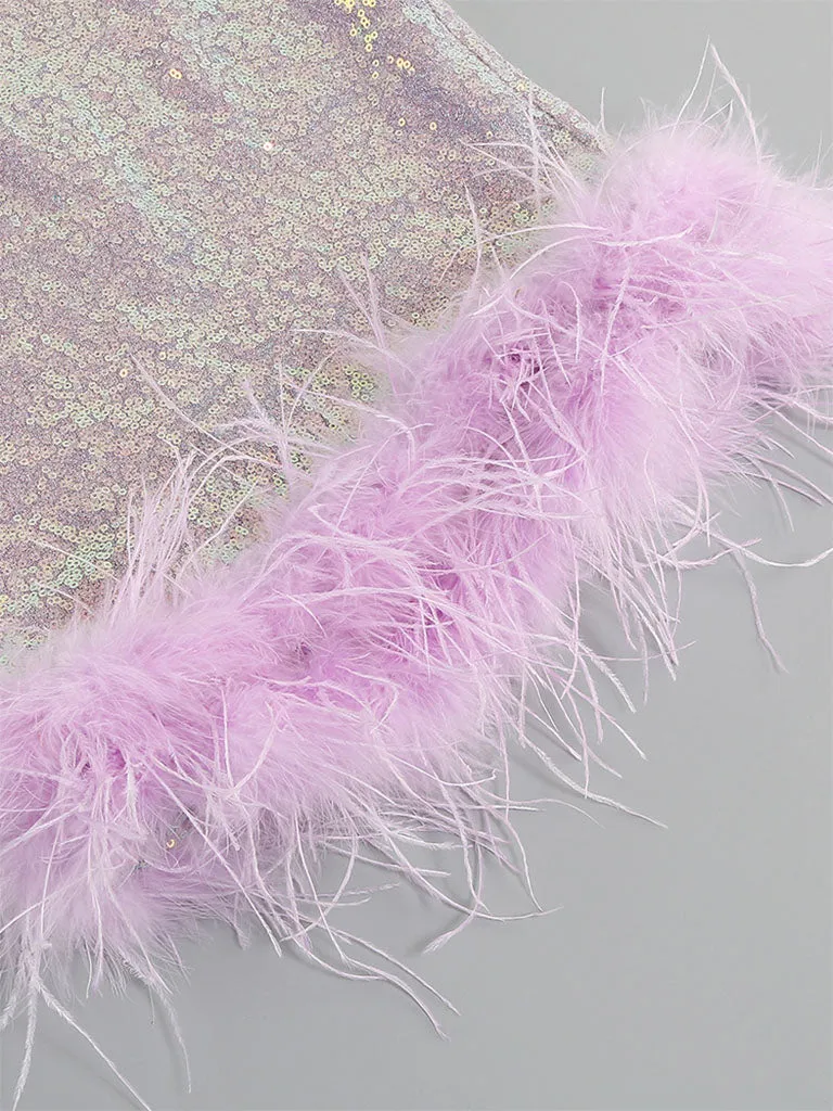 Purple Sweet Feather Hem Sequin Strapless Bodycon Sexy Gown Party Dress
