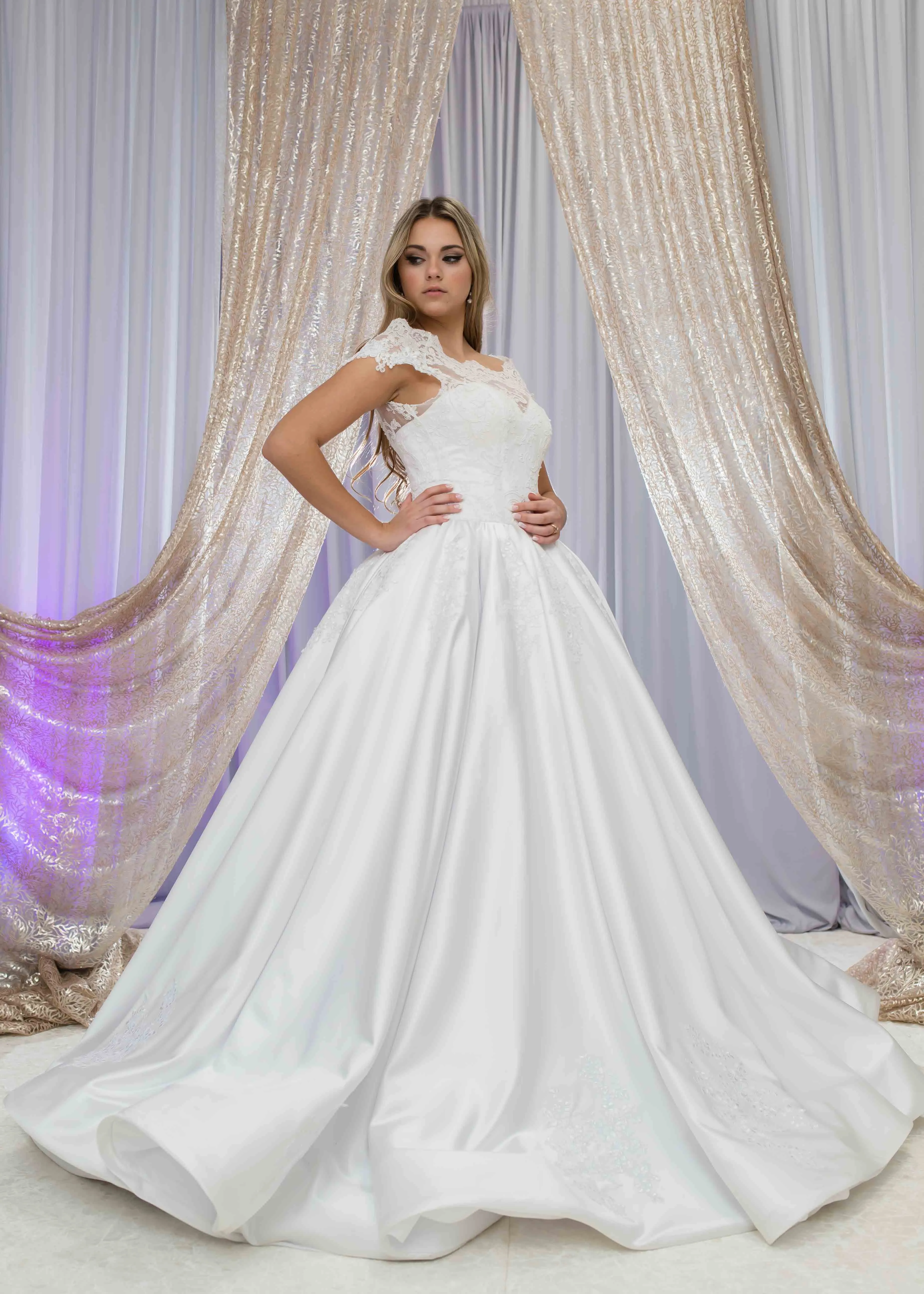 QUEENA Off-The-Shoulder Satin Dramatic Full Ball Bridal Gown