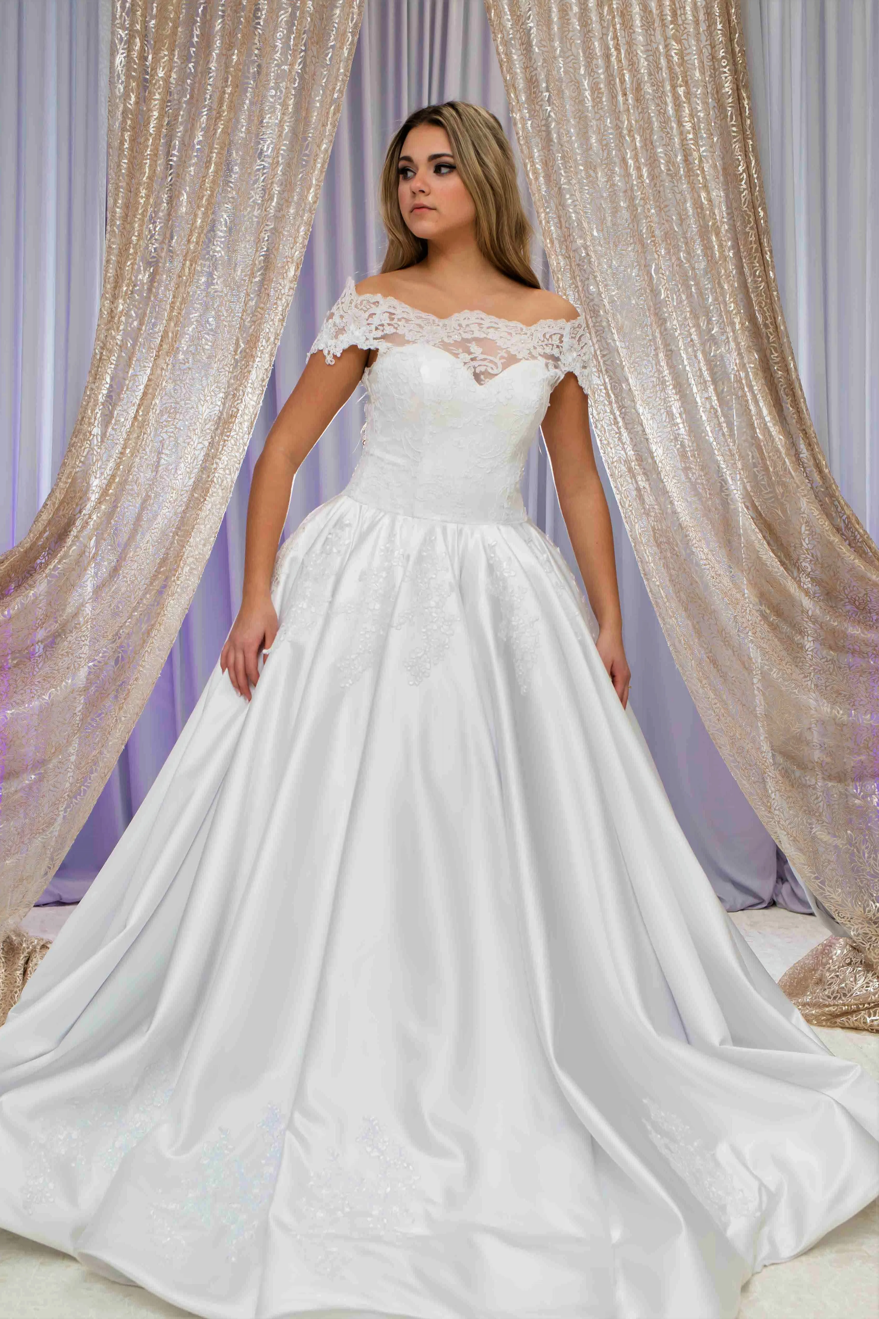 QUEENA Off-The-Shoulder Satin Dramatic Full Ball Bridal Gown