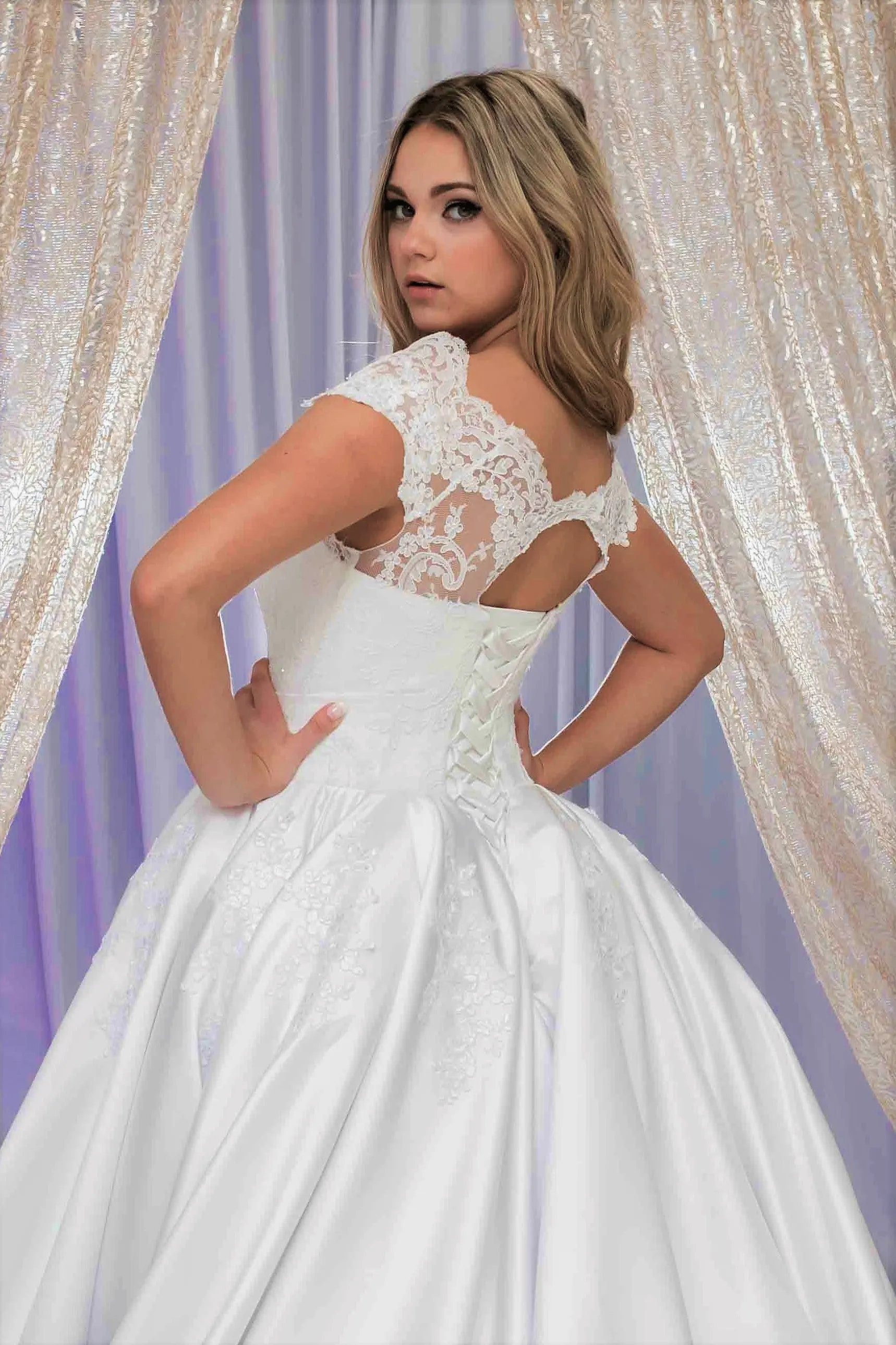 QUEENA Off-The-Shoulder Satin Dramatic Full Ball Bridal Gown