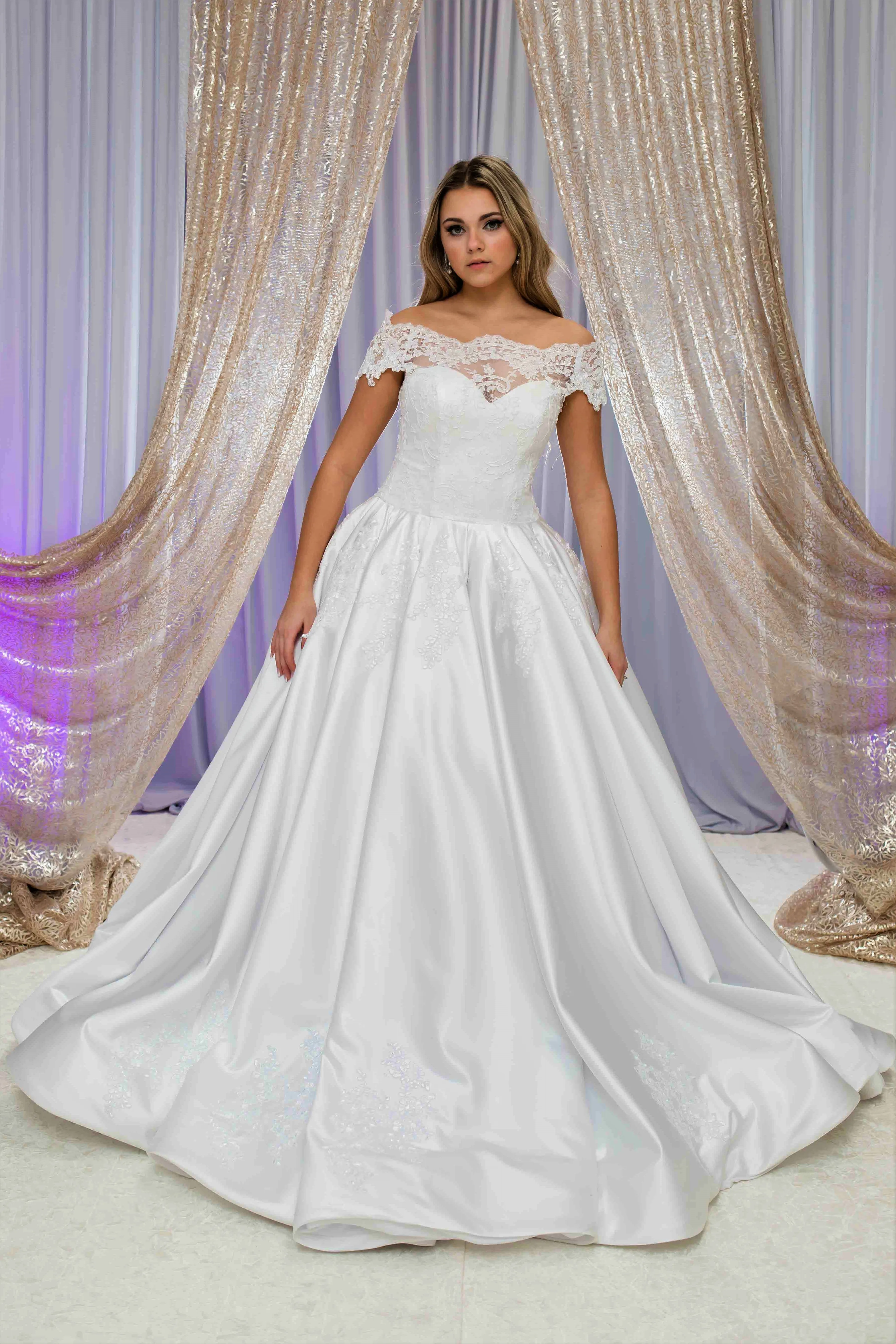 QUEENA Off-The-Shoulder Satin Dramatic Full Ball Bridal Gown