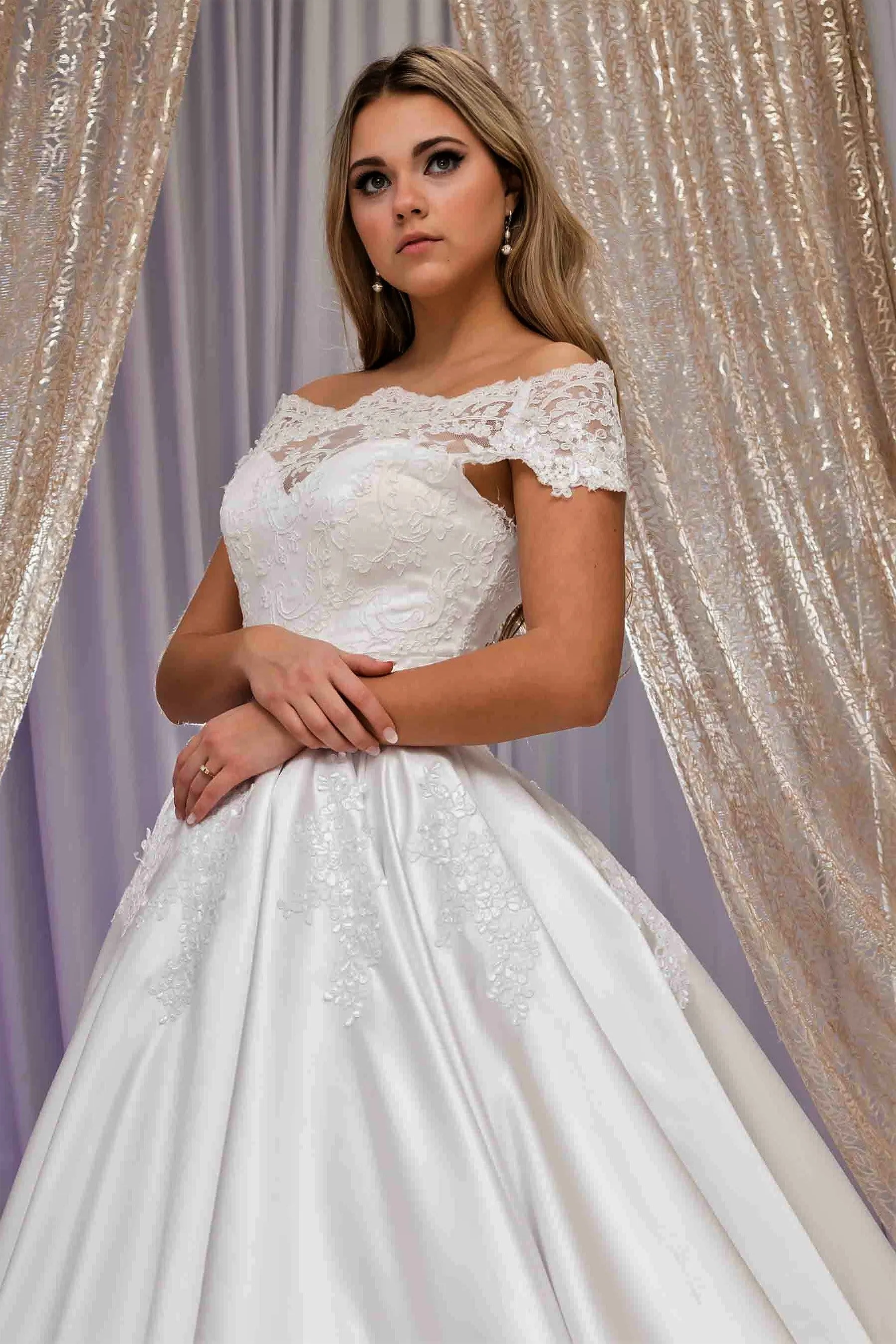 QUEENA Off-The-Shoulder Satin Dramatic Full Ball Bridal Gown