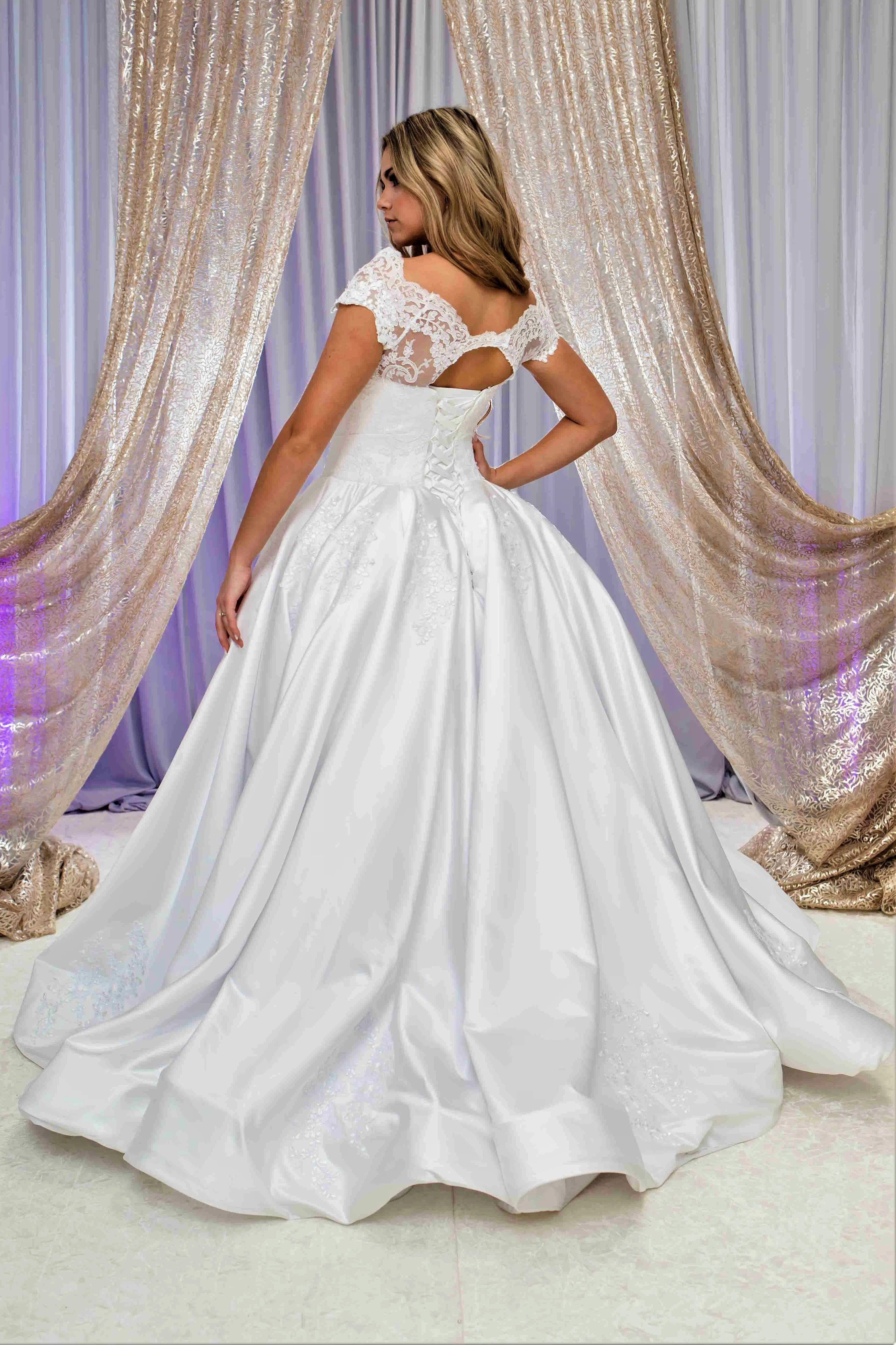 QUEENA Off-The-Shoulder Satin Dramatic Full Ball Bridal Gown