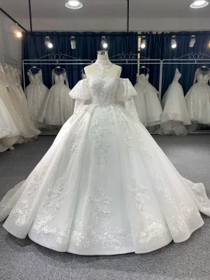 R2022# 3D Sequins Lace Diagonal Pleat With Sweep Length Train