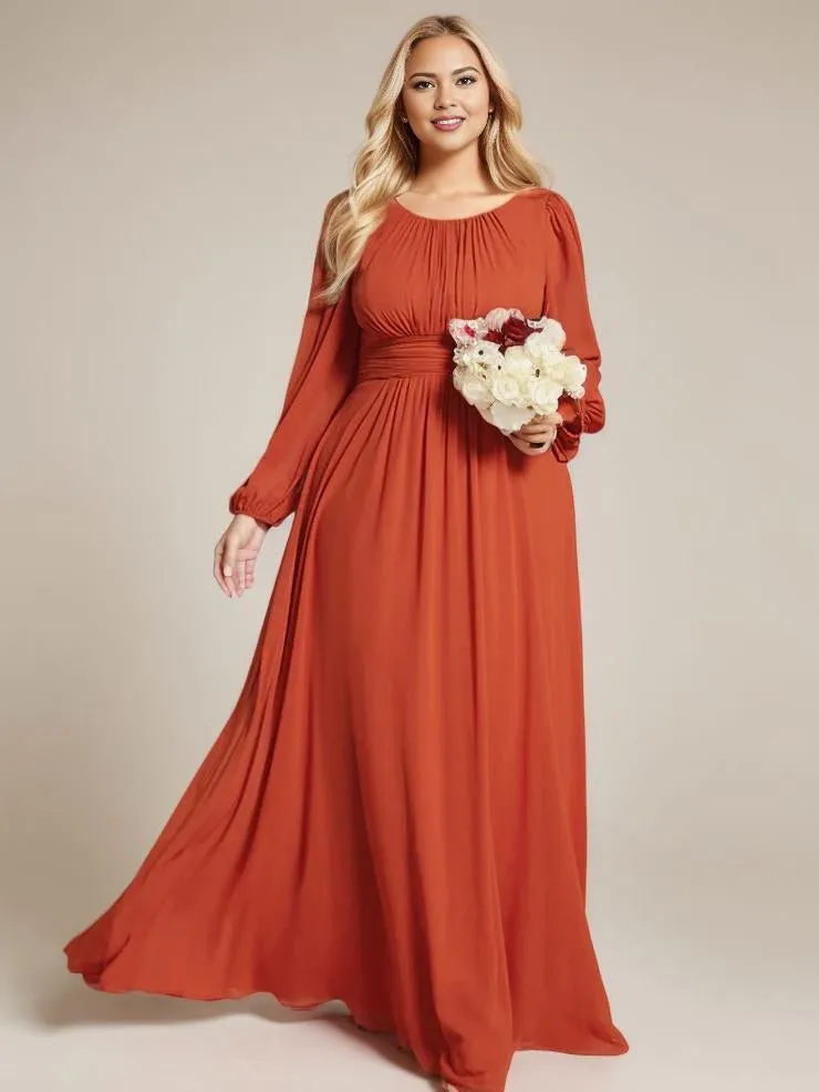 Rachel Plus Size boat neck full sleeve evening or bridesmaid gown