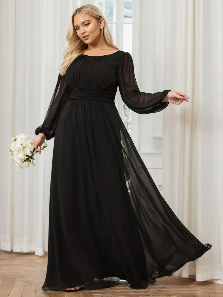 Rachel Plus Size boat neck full sleeve evening or bridesmaid gown